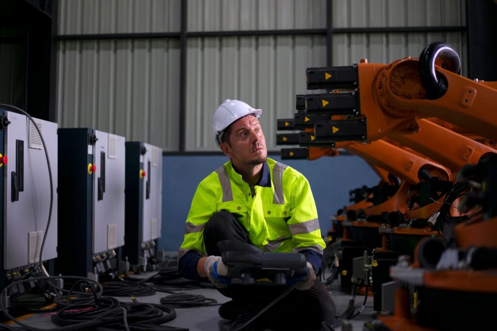 Engineer work at robotic arm factory.